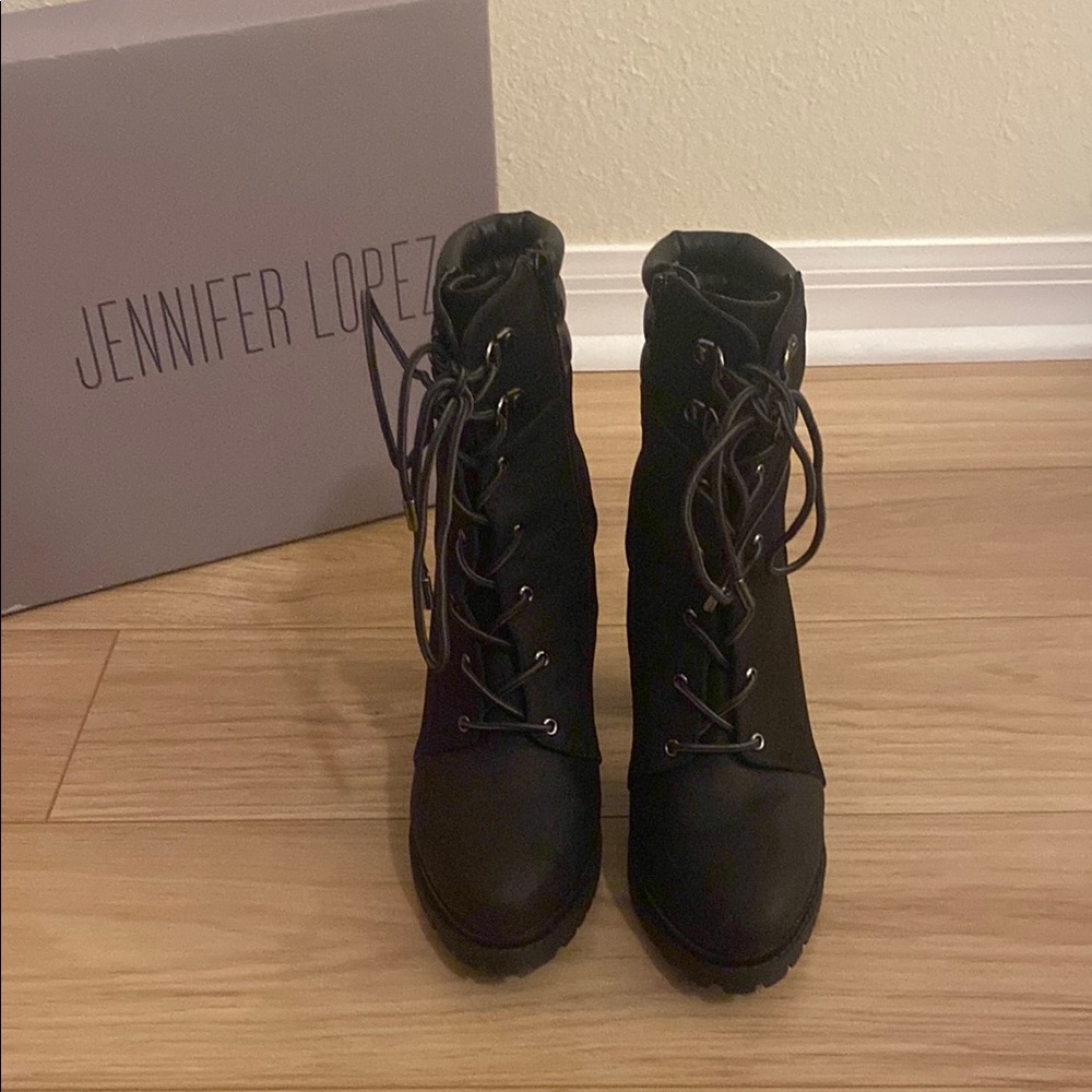 Jennifer Lopez Black Combat Boots with Lace-Up Design and High Heel